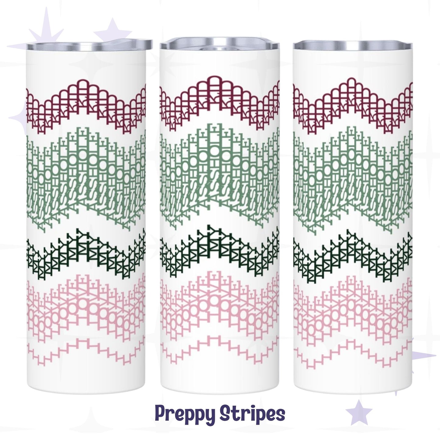 Three-view display of the Preppy Stripes I Love My Asshole Kid tumbler — burgundy, sage green, forest green, and blush pink fair isle typographic pattern on white skinny tumbler