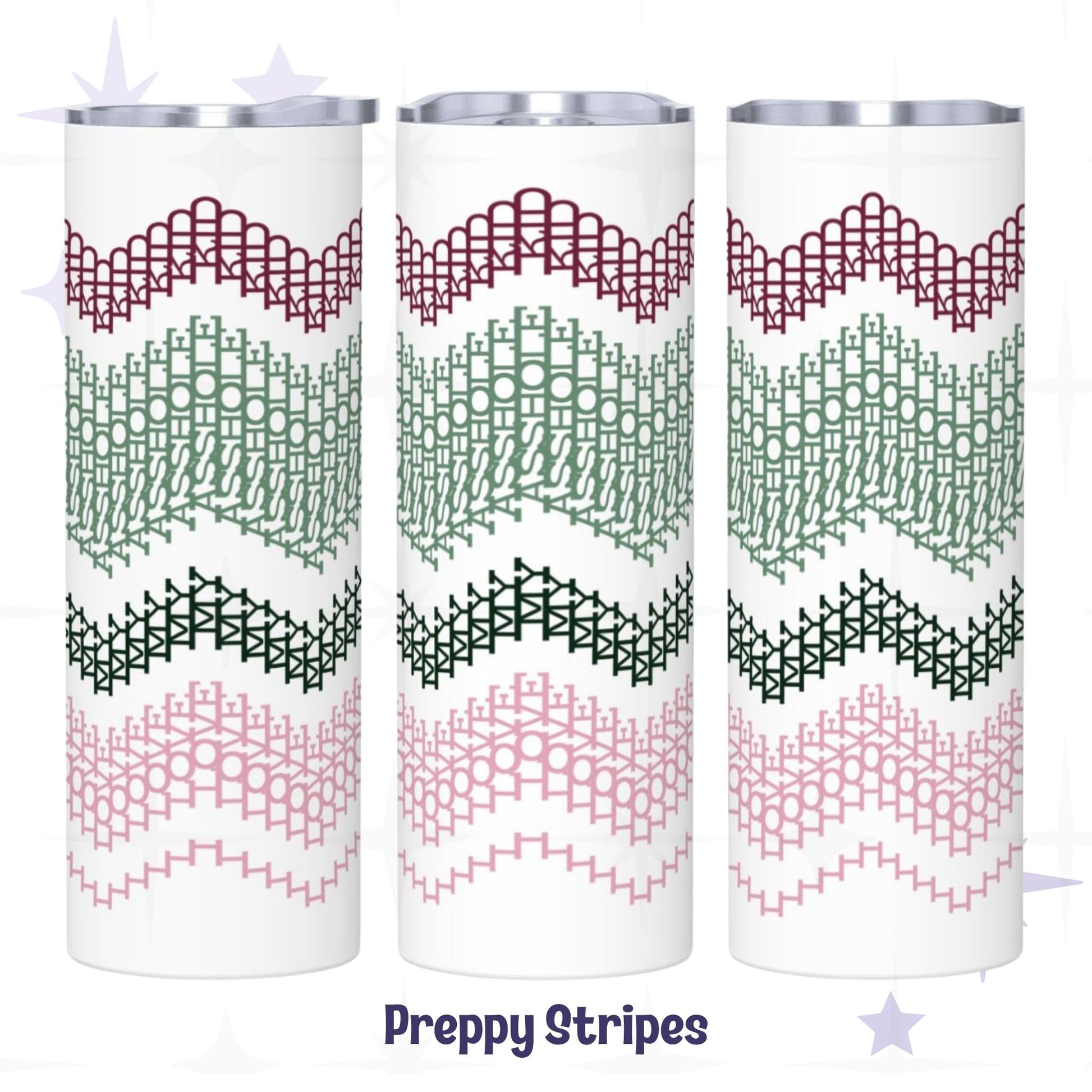 Three-view display of the Preppy Stripes I Love My Asshole Kid tumbler — burgundy, sage green, forest green, and blush pink fair isle typographic pattern on white skinny tumbler