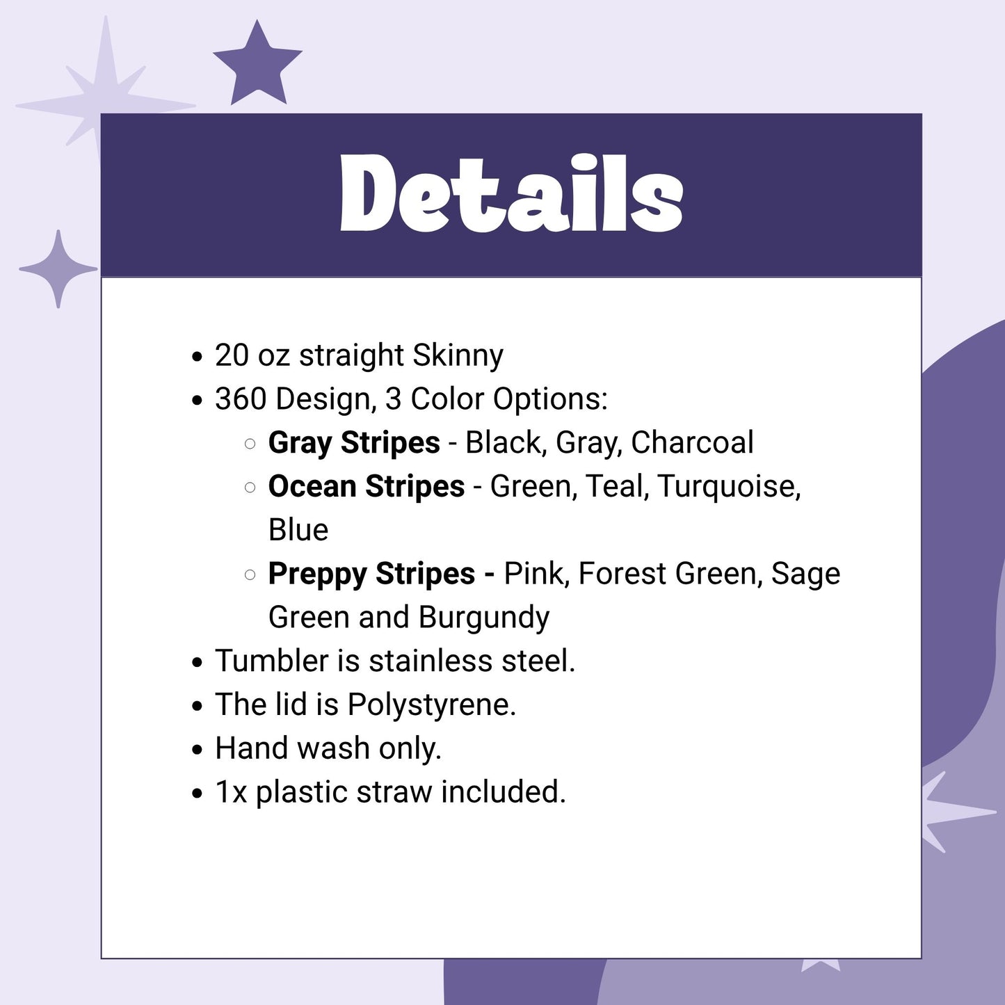Product specs card for the I Love My Asshole Kid hidden message tumbler — 20oz skinny straight stainless steel, three colorways listed: Gray Stripes, Ocean Stripes, Preppy Stripes