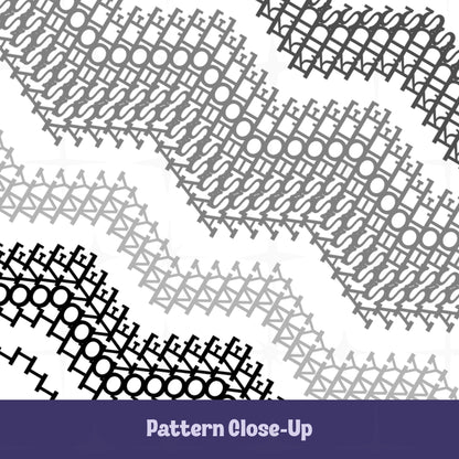 Close-up of the gray stripes hidden message tumbler pattern — cross-stitch style letterforms in graduating black, charcoal, gray, and light gray tones concealing the hidden message within the decorative textile design