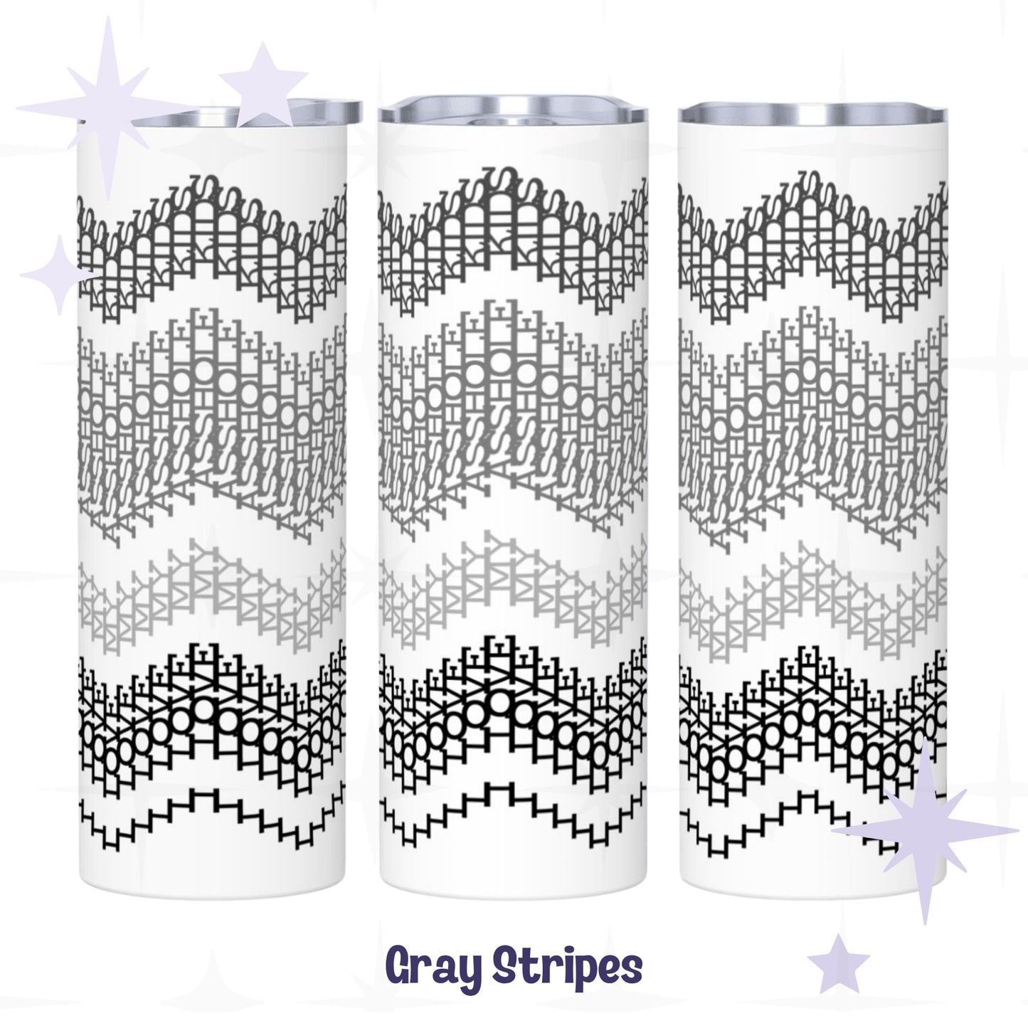 Three side-by-side views of the Gray Stripes colorway hidden message tumbler — graduating black, charcoal, gray, and light gray chevron embroidery stripe pattern on white stainless steel body