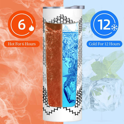 Infographic showing the hidden message skinny tumbler keeps drinks hot 6 hours and cold 12 hours — split orange and blue background with gray stripes colorway tumbler shown