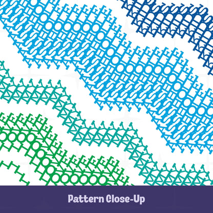 Close-up of the ocean stripes hidden message tumbler pattern — dense cross-stitch and embroidery-style letterforms spelling the hidden message in navy, sky blue, teal, and green on white