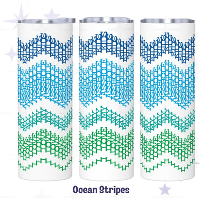 Three side-by-side views of the Ocean Stripes colorway hidden message tumbler — navy, sky blue, teal, and forest green chevron embroidery stripe design rotating around white stainless steel body