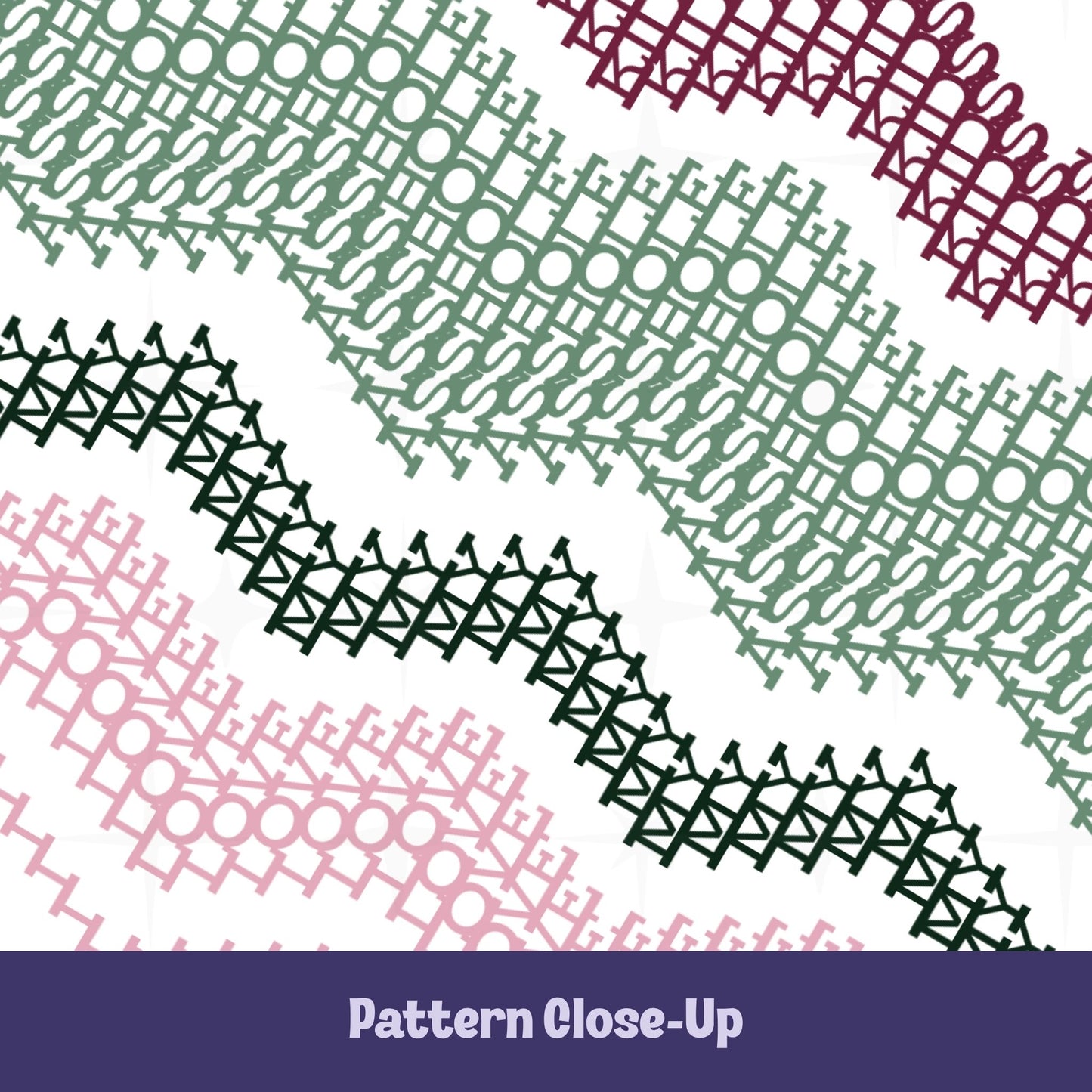 Close-up of the preppy stripes hidden message tumbler pattern — interlocking embroidery-style letterforms in sage green, forest green, burgundy, and blush pink revealing the hidden message