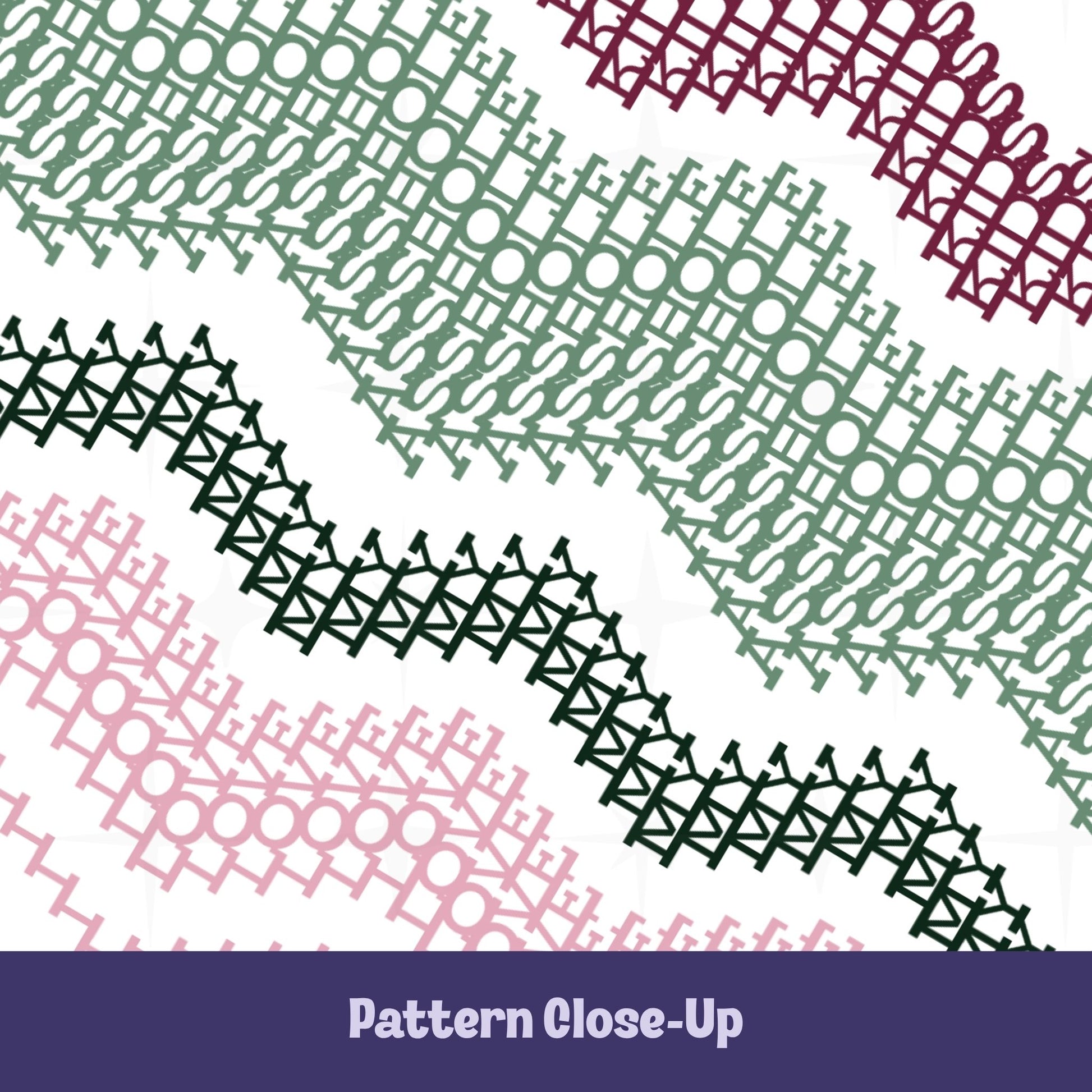 Close-up of the preppy stripes hidden message tumbler pattern — interlocking embroidery-style letterforms in sage green, forest green, burgundy, and blush pink revealing the hidden message