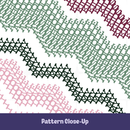 Close-up of the preppy stripes hidden message tumbler pattern — interlocking embroidery-style letterforms in sage green, forest green, burgundy, and blush pink revealing the hidden message