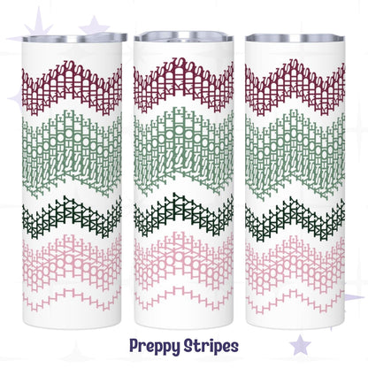Three side-by-side views of the Preppy Stripes colorway hidden message tumbler — burgundy, sage green, forest green, and blush pink embroidery stripe chevron pattern on white stainless steel body