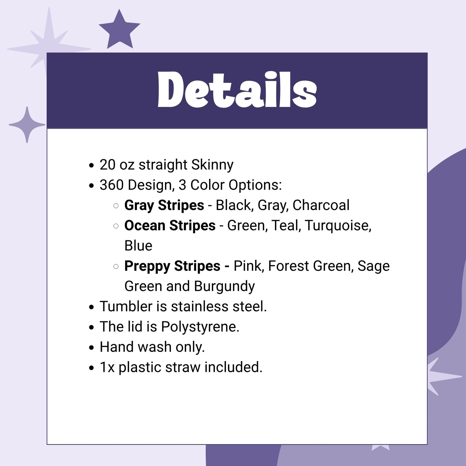 Product specs graphic for the I Love My Asshole Kids hidden message skinny tumbler — lists size, colorways, materials, and care instructions