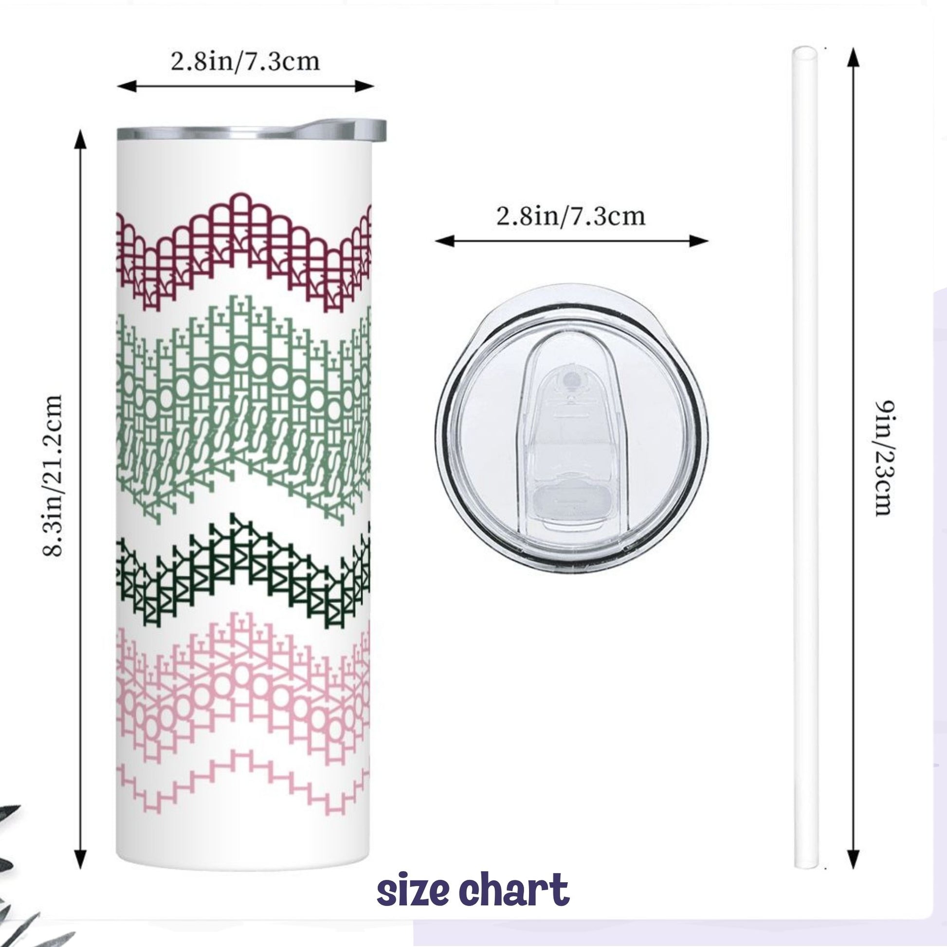 Size chart for the hidden message skinny tumbler — 8.3 inches tall by 2.8 inch diameter, with sliding lid top view and 9-inch plastic straw shown alongside preppy stripes colorway