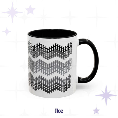 11oz hidden profanity accent mug with grayscale chevron swear word pattern, black handle and black interior, on branded background