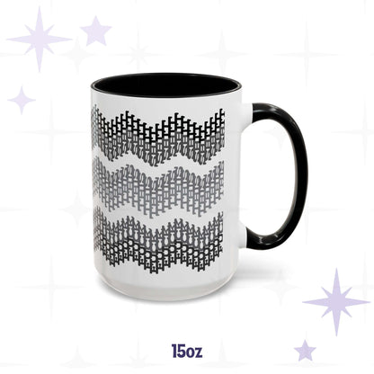 15oz hidden profanity accent mug with gray typographic chevron pattern, black handle and interior, on branded background
