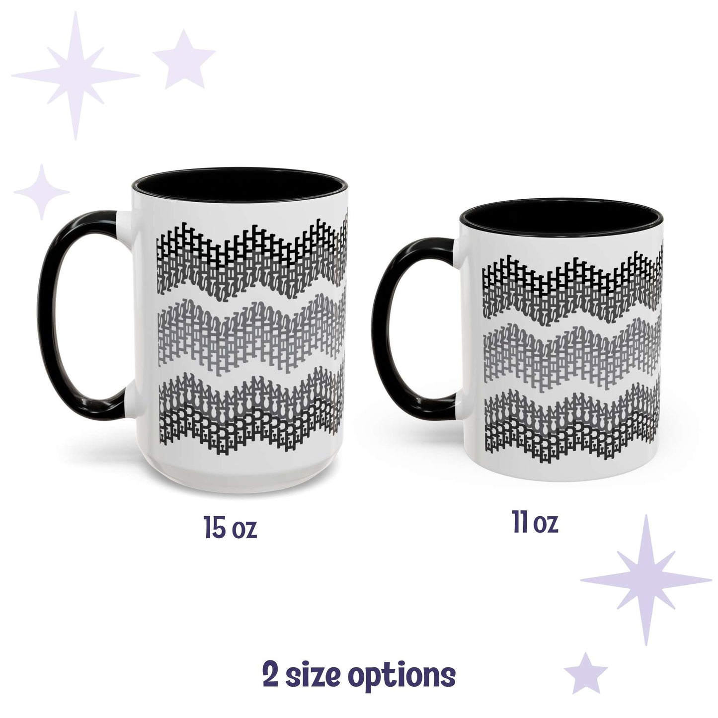 Hidden profanity accent mug in gray chevron shown in both 15oz and 11oz sizes side by side