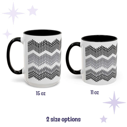 Hidden profanity accent mug in gray chevron shown in both 15oz and 11oz sizes side by side