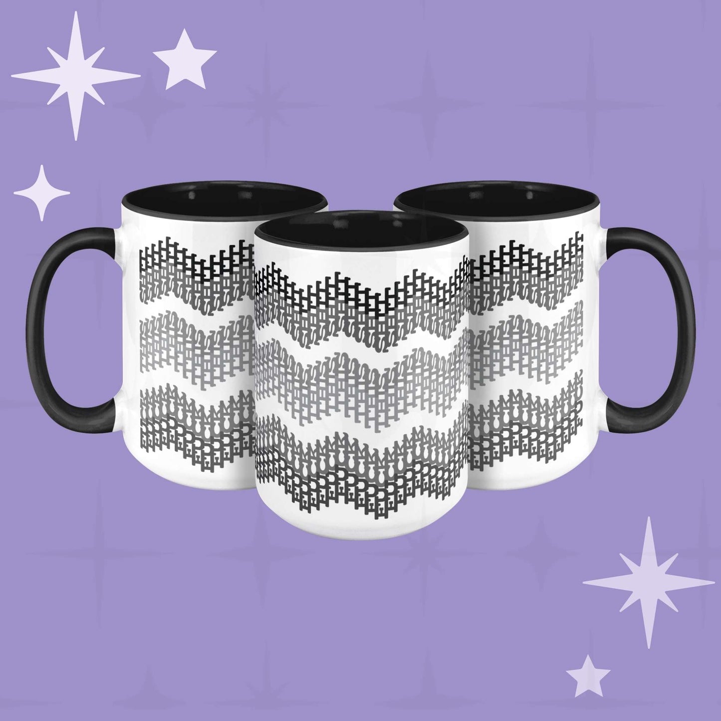 Three hidden profanity accent mugs with gray chevron pattern on purple background showing full wrap-around design