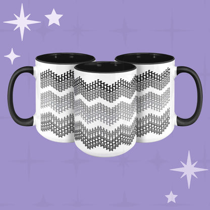 Three hidden profanity accent mugs with gray chevron pattern on purple background showing full wrap-around design