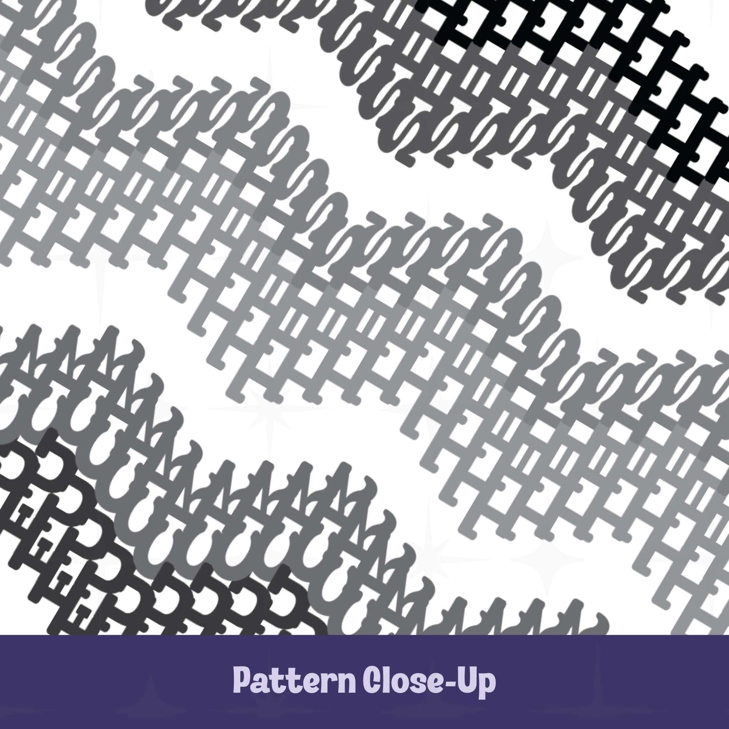 Close-up detail of interlocking gray typographic chevron pattern with hidden profanity letterforms on accent mug