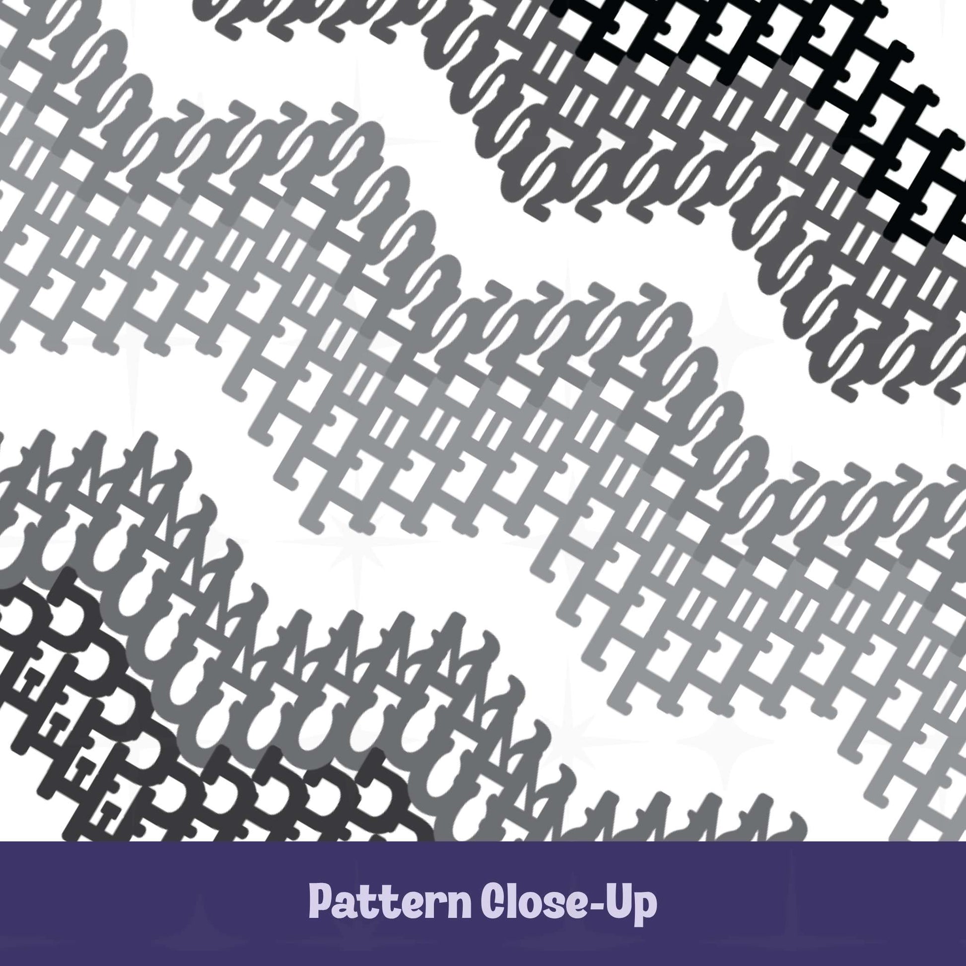 Close-up detail of interlocking gray typographic chevron pattern with hidden profanity letterforms on accent mug