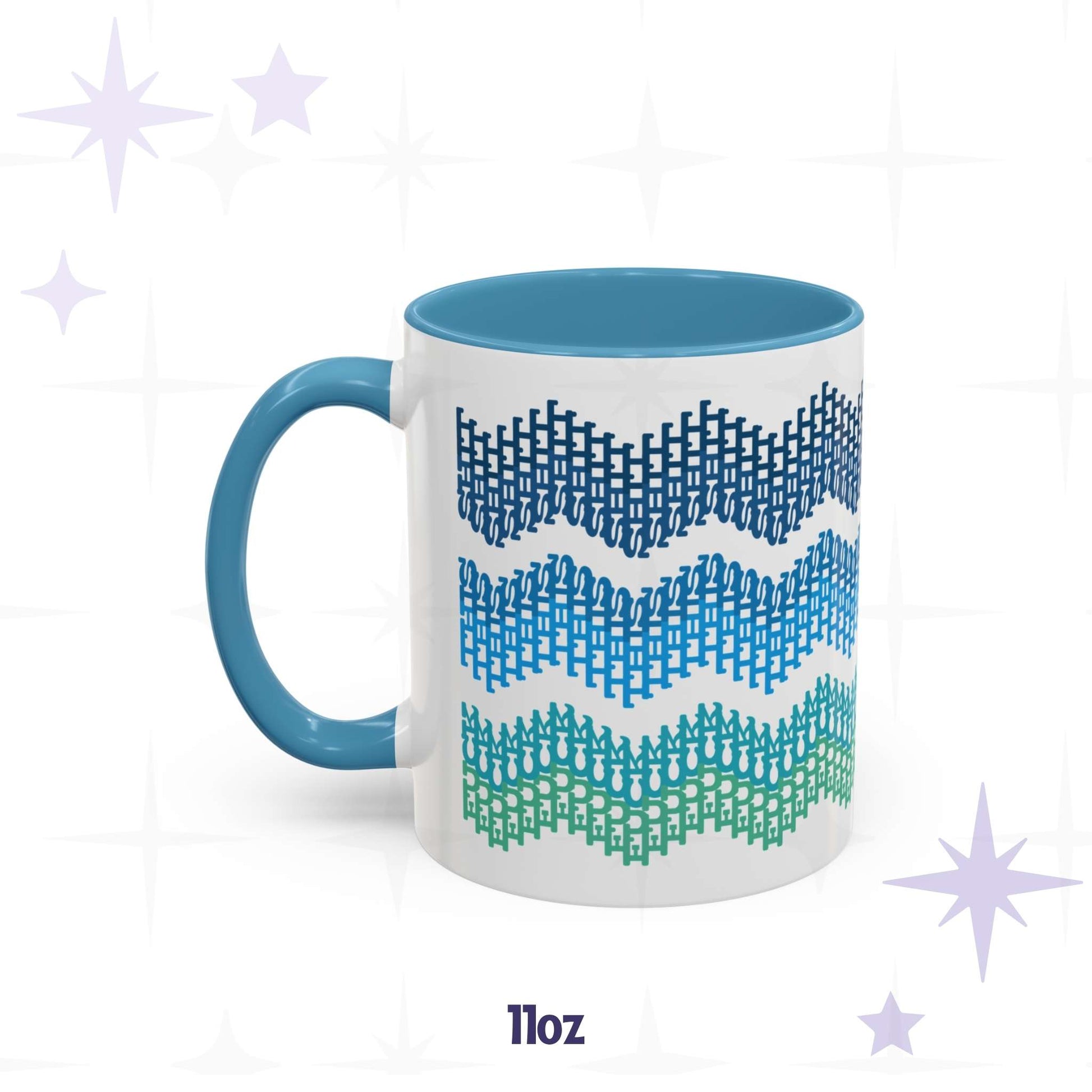 11oz hidden profanity accent mug with ocean gradient typographic chevron pattern and blue handle and interior