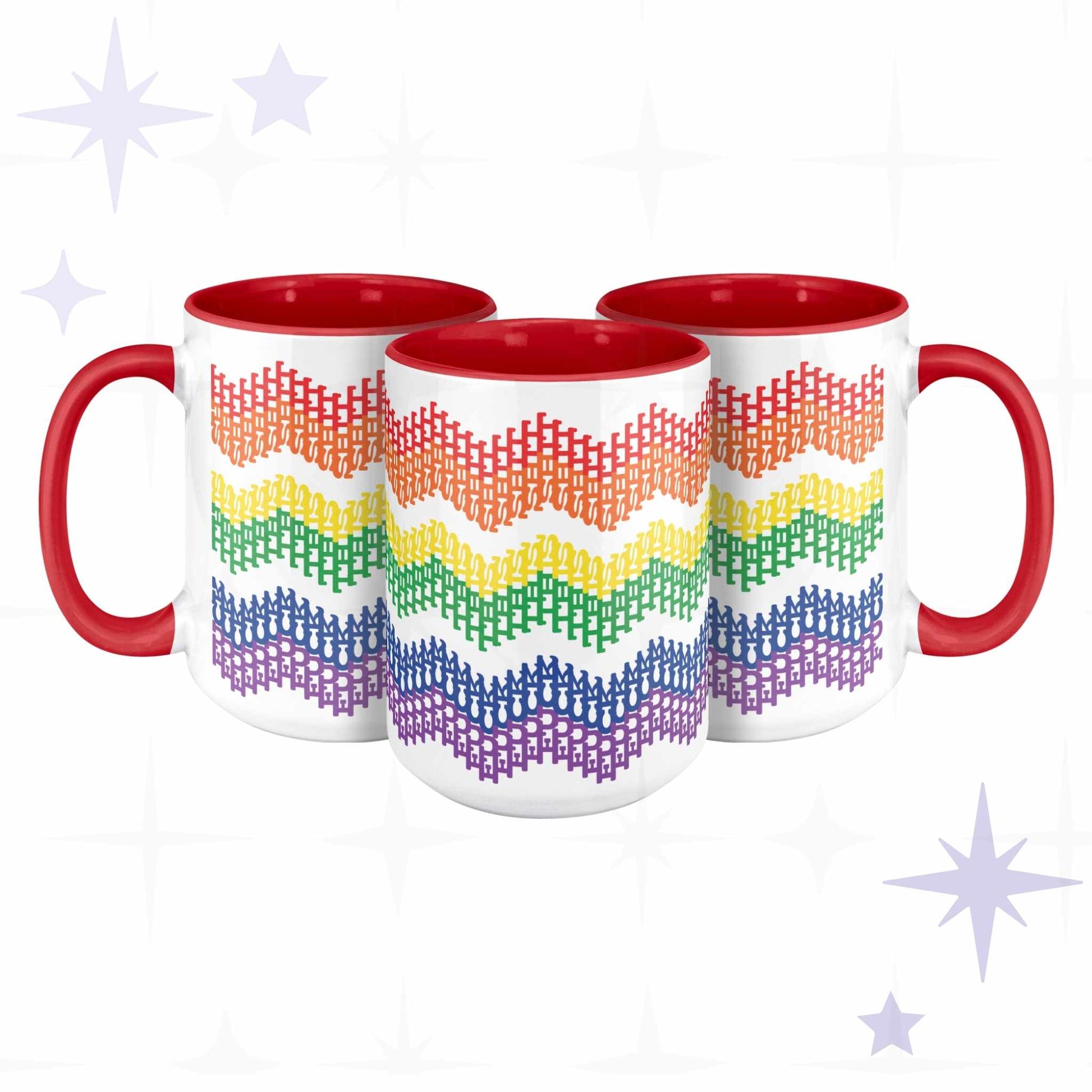 Three rainbow hidden profanity accent mugs showing chevron typography pattern from multiple angles, red handles