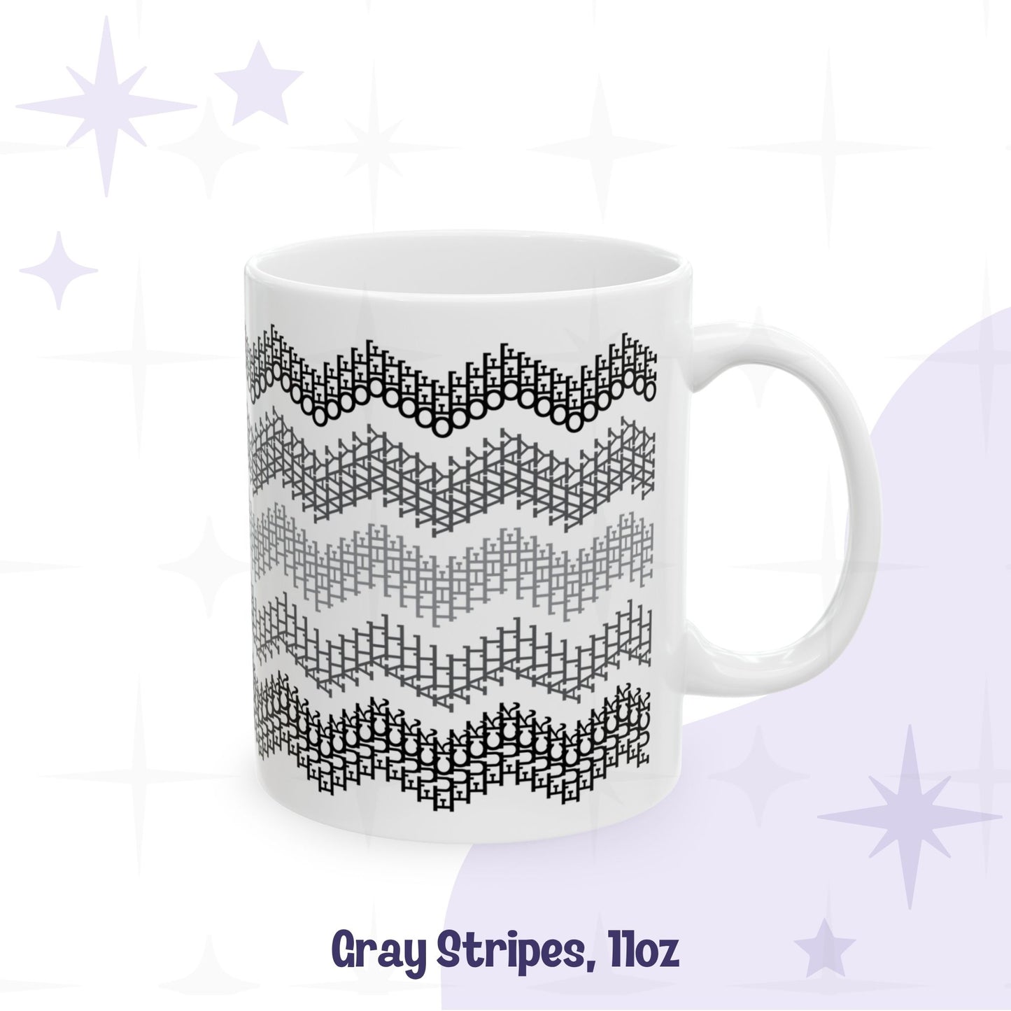 Hidden profanity chevron mug 11oz in gray stripes colorway, monochrome geometric text pattern on white ceramic