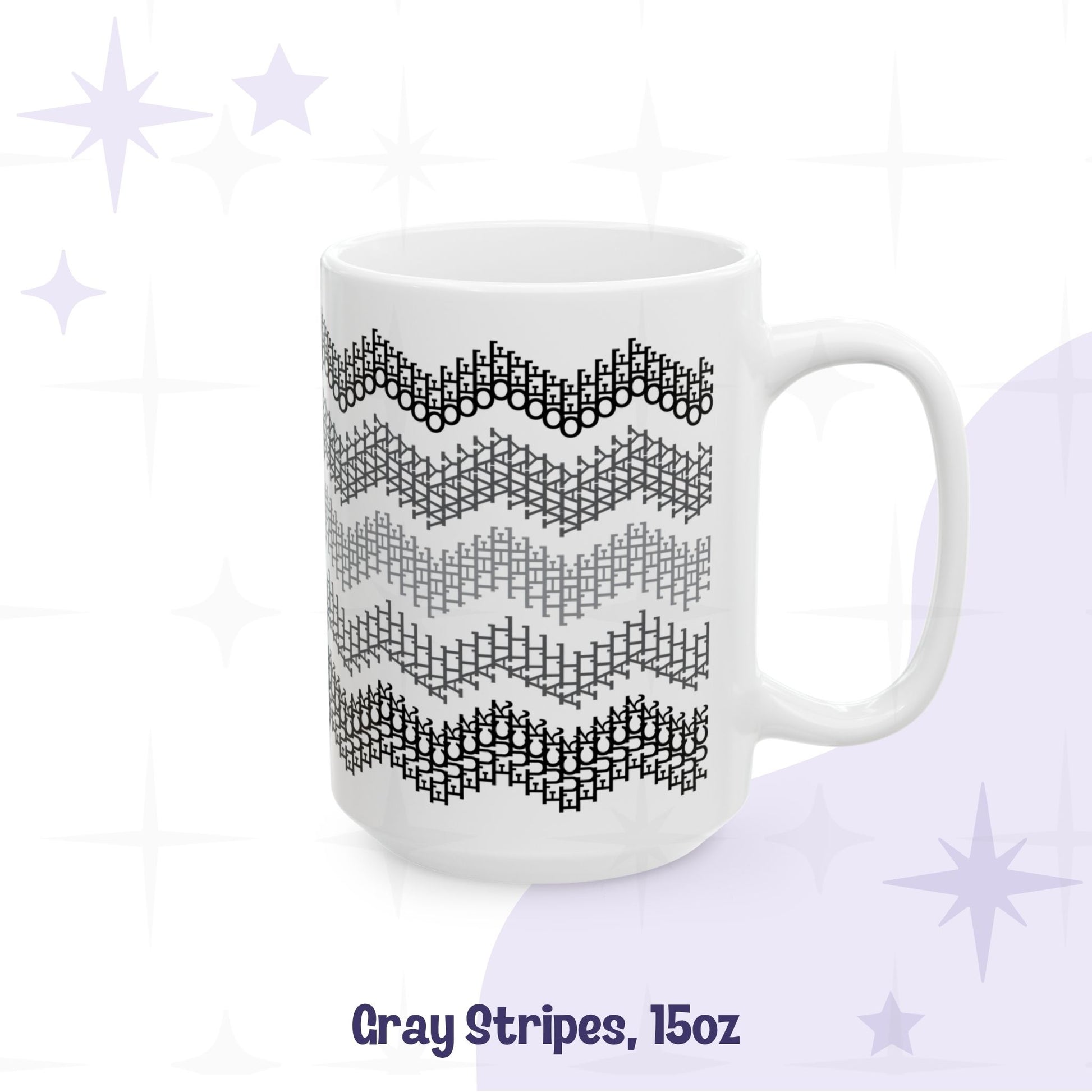Gray stripes hidden profanity chevron mug 15oz, black to light gray graduated zigzag pattern on white ceramic, handle facing right