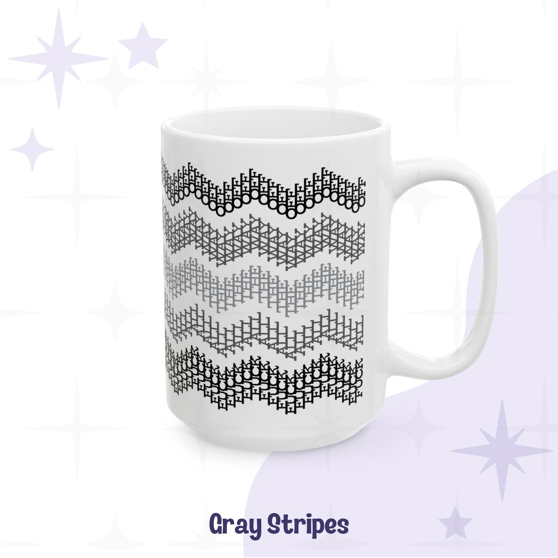 Gray stripes hidden profanity mug 15oz alternate angle showing full wrap chevron pattern in graduated grays