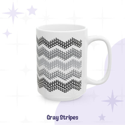 Gray stripes hidden profanity mug 15oz alternate angle showing full wrap chevron pattern in graduated grays