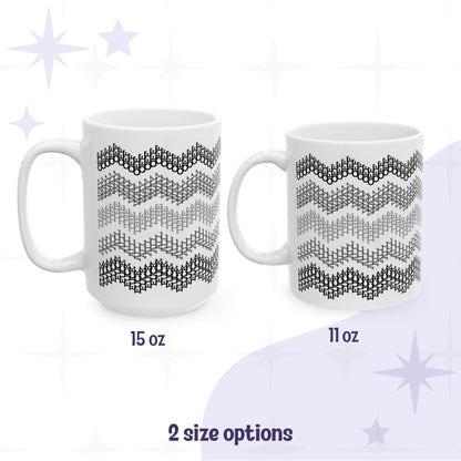Side by side size comparison of gray stripes hidden profanity chevron mug in 15oz and 11oz on white background