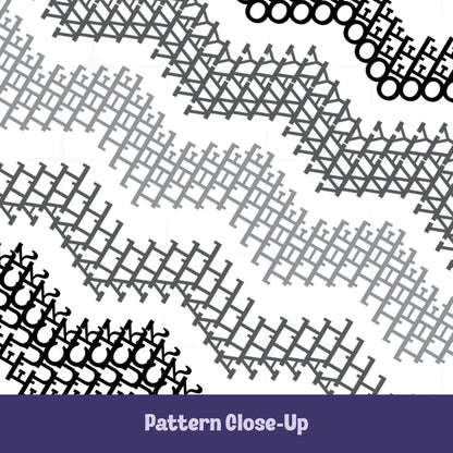 Close-up of gray and black chevron stripe pattern on hidden profanity mug revealing Fuck All The Way Off spelled out in interlocking geometric letterforms
