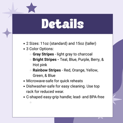 Product details graphic for hidden profanity chevron mug showing two sizes, three color options, microwave-safe, dishwasher-safe, and lead-free BPA-free specifications