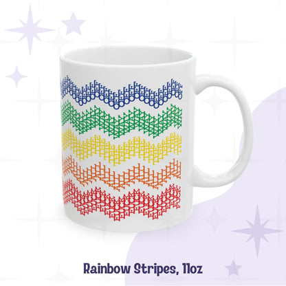 Hidden profanity chevron mug 11oz in rainbow stripes colorway, blue green yellow orange red geometric text pattern