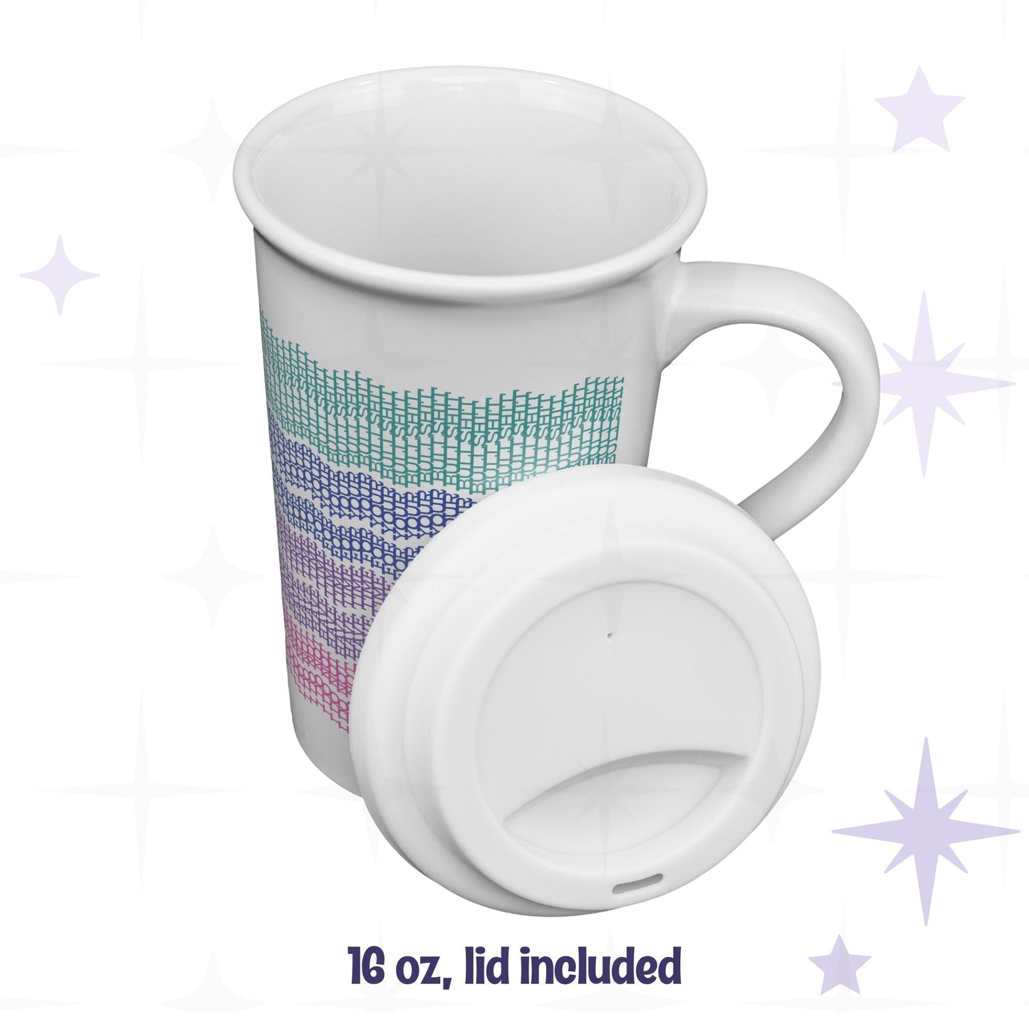 Bright stripes hidden profanity latte mug shown with removable silicone lid, 16oz ceramic, teal blue purple pink knit stitch pattern