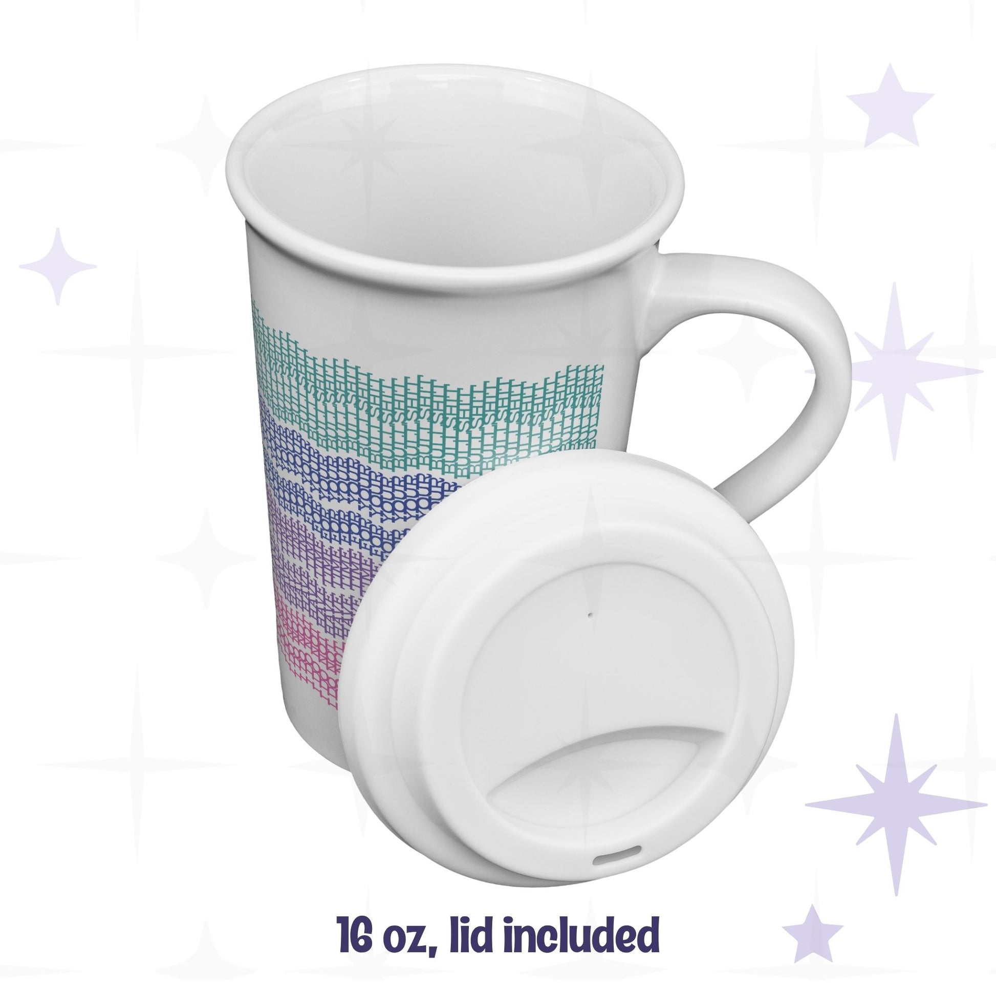 Bright stripes hidden profanity latte mug shown with removable silicone lid, 16oz ceramic, teal blue purple pink knit stitch pattern