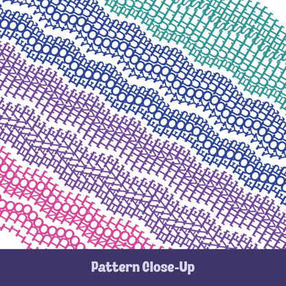 Close-up of bright stripes hidden profanity latte mug pattern in teal blue purple and pink, revealing text I do not have time for your bullshit disguised as knit stitches