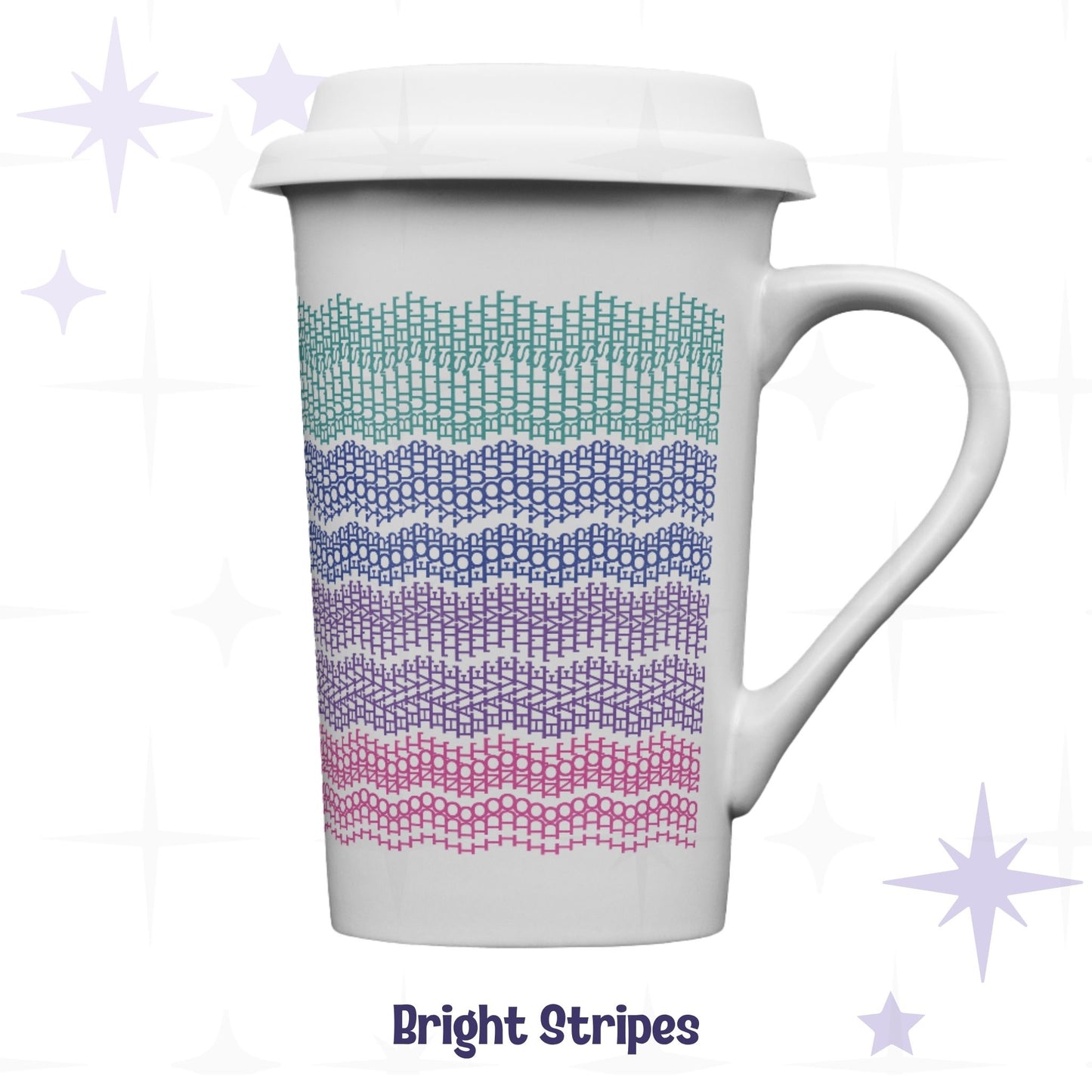 Bright stripes hidden profanity latte mug 16oz in teal blue purple pink ombre, knit stitch swear word pattern on white ceramic with lid