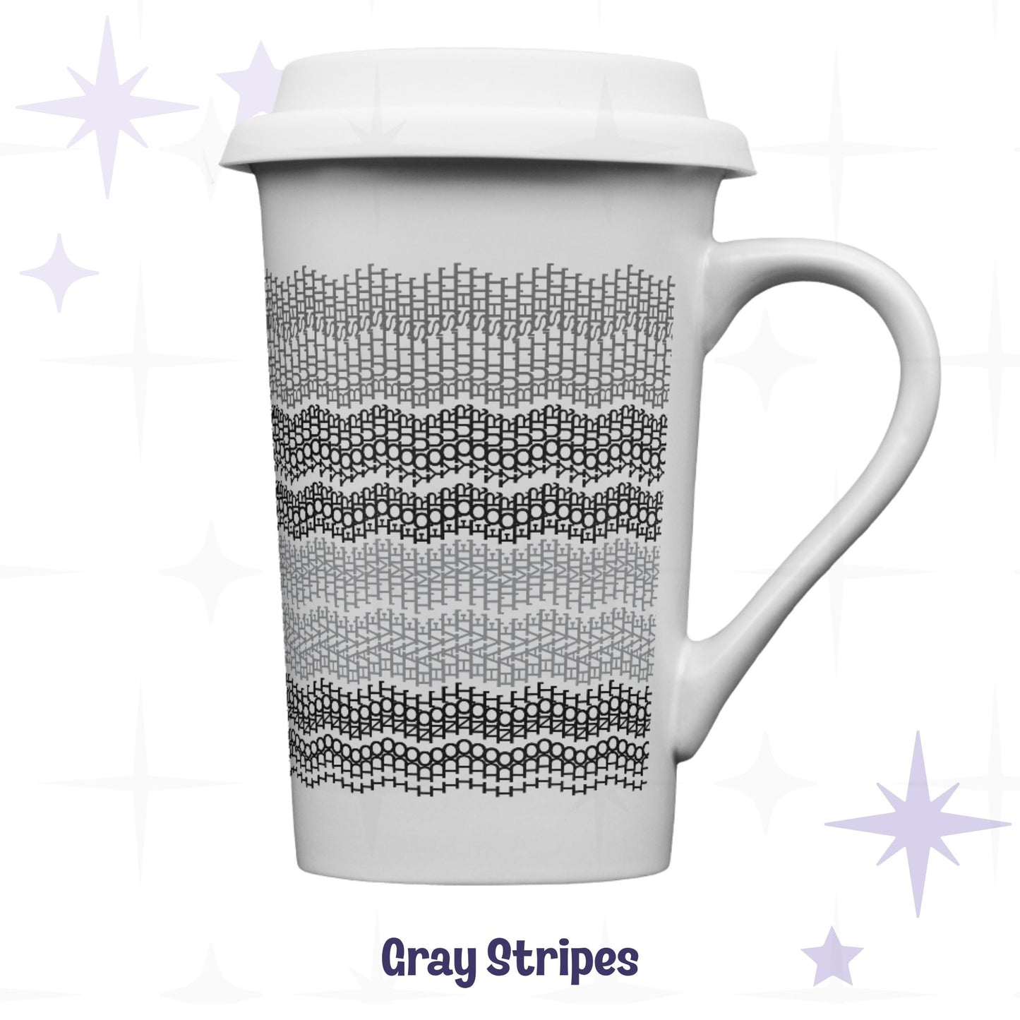 Gray stripes hidden profanity latte mug 16oz in light gray to charcoal ombre, knit stitch text pattern on white ceramic with lid