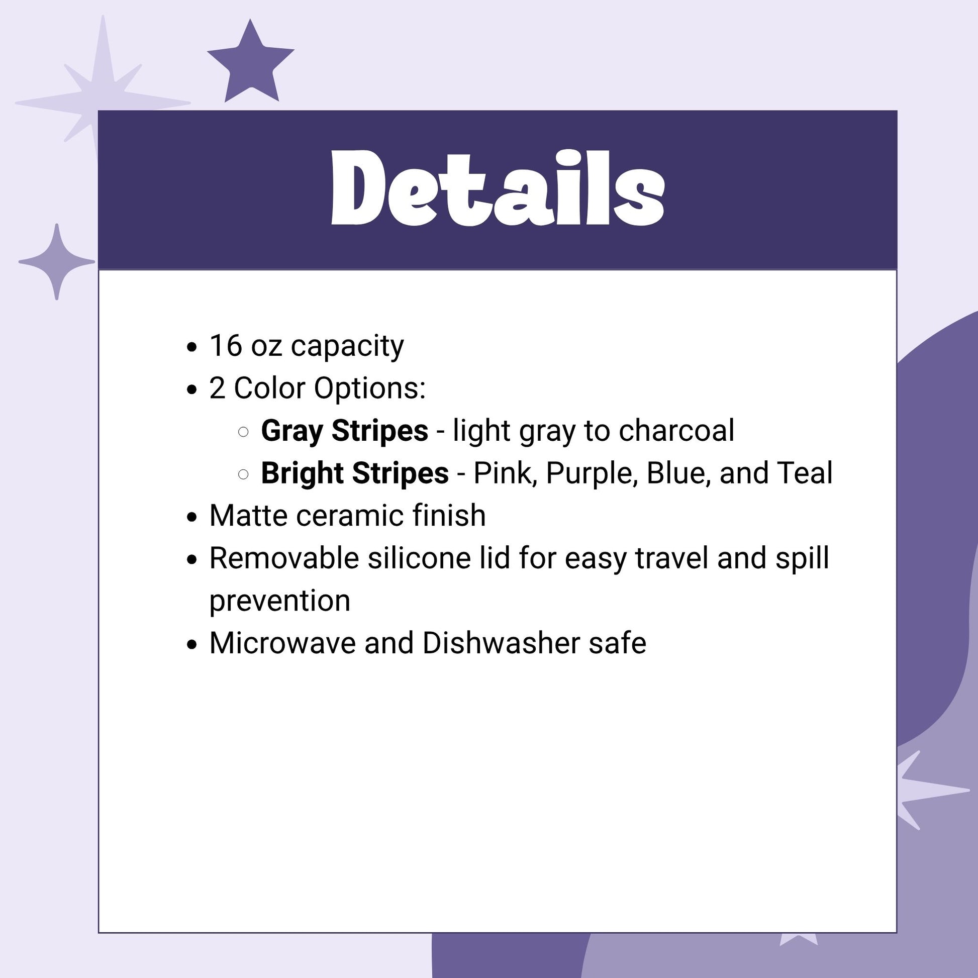 Product details card for hidden profanity latte mug showing 16oz capacity, 2 color options gray stripes and bright stripes, matte ceramic finish, removable silicone lid, microwave and dishwasher safe