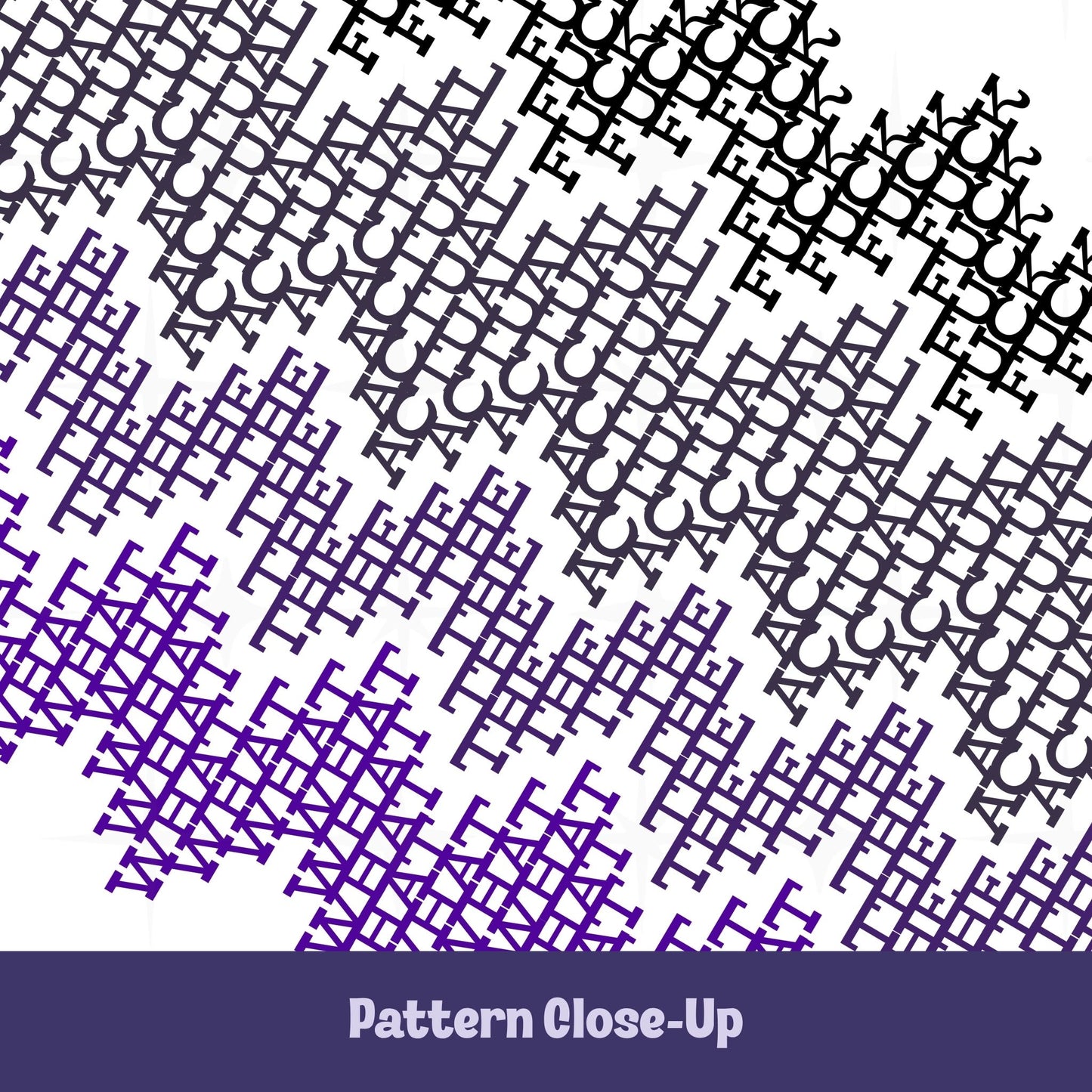 Close-up of hidden profanity pattern on latte mug in purple ombre colorway, angular geometric letterforms spelling WHAT THE ACTUAL FUCK in interlocking cross-stitch style text from dark purple to black