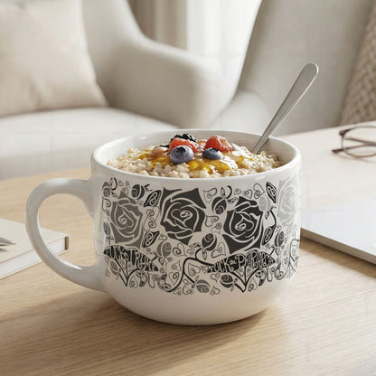 Hidden profanity 25oz latte mug filled with oatmeal and berries on wooden table, black and gray floral protest pattern with hand-lettered banners on white ceramic