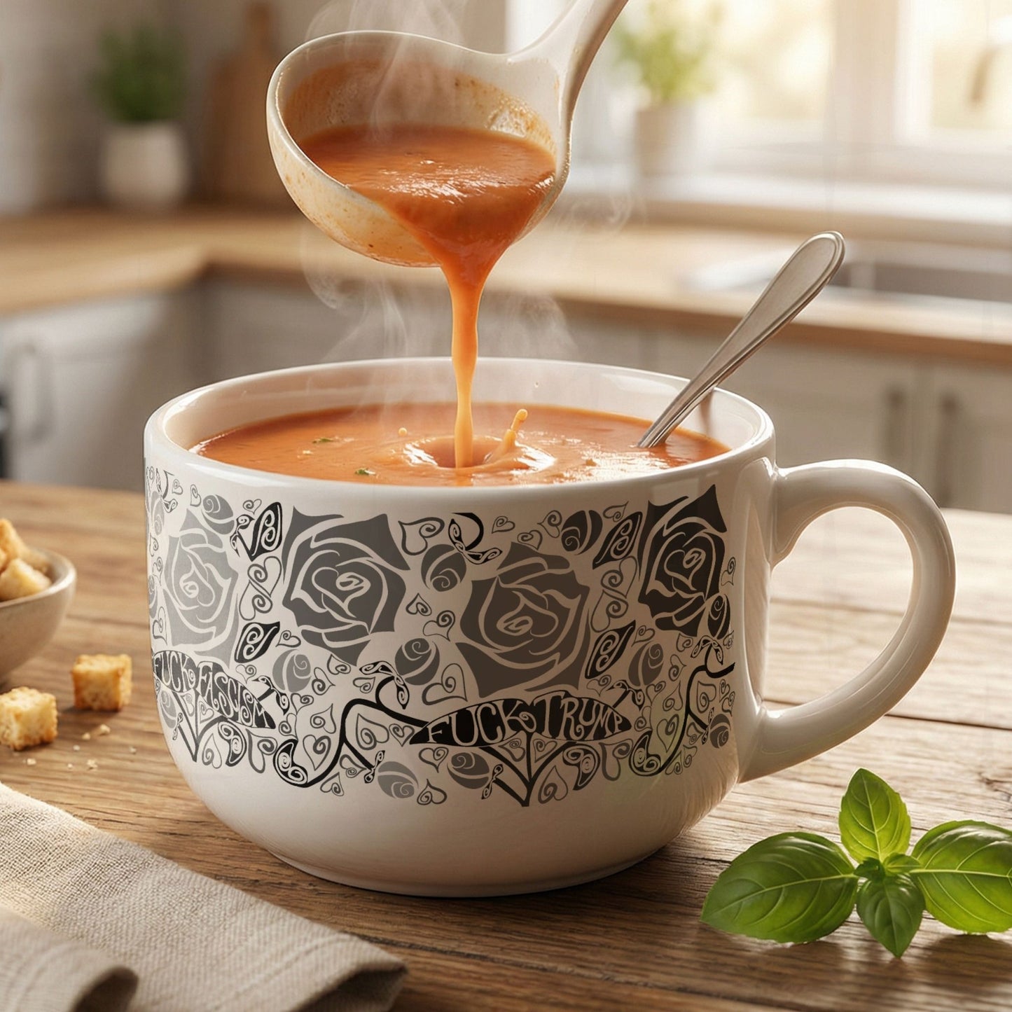 Hidden profanity latte mug with tomato soup being ladled in, gothic rose pattern with political protest hand lettering on white ceramic, basil and croutons