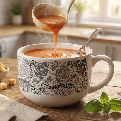 Hidden profanity latte mug with tomato soup being ladled in, gothic rose pattern with political protest hand lettering on white ceramic, basil and croutons