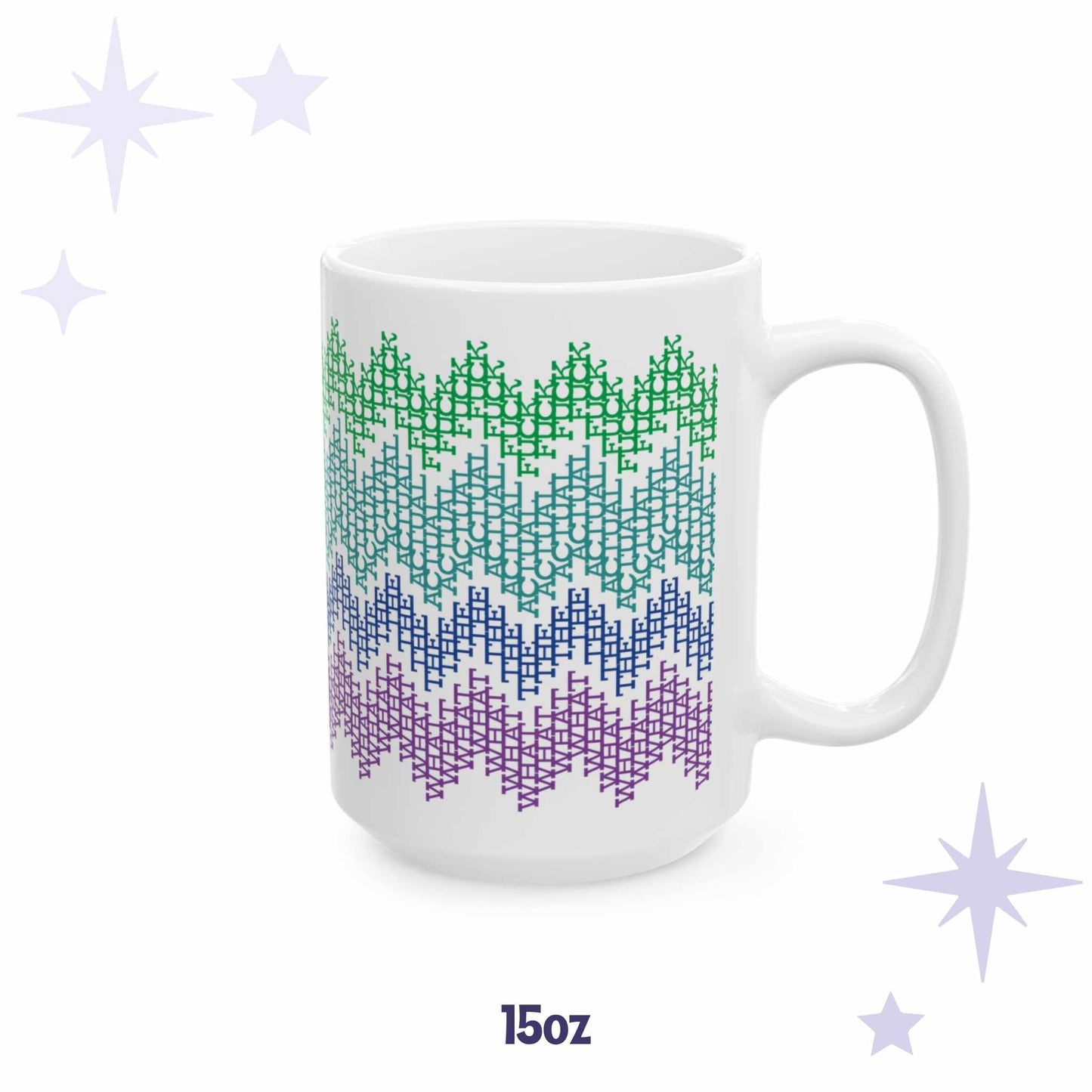 White ceramic 15oz hidden profanity mug with bright colorful fair isle pattern, straight-on product view on lavender star background