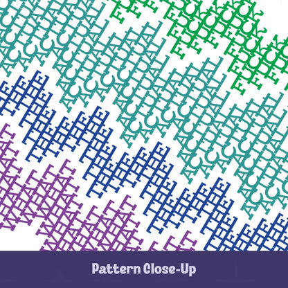 Close-up of colorful cross-stitch typography pattern revealing the hidden words in green, teal, blue, and purple with a Pattern Close-Up label