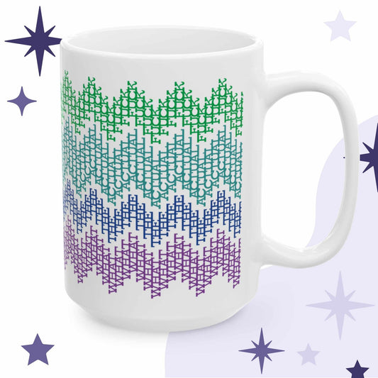 White ceramic 15oz hidden profanity mug with colorful fair isle zigzag pattern in green, teal, blue, and purple on a lavender star background