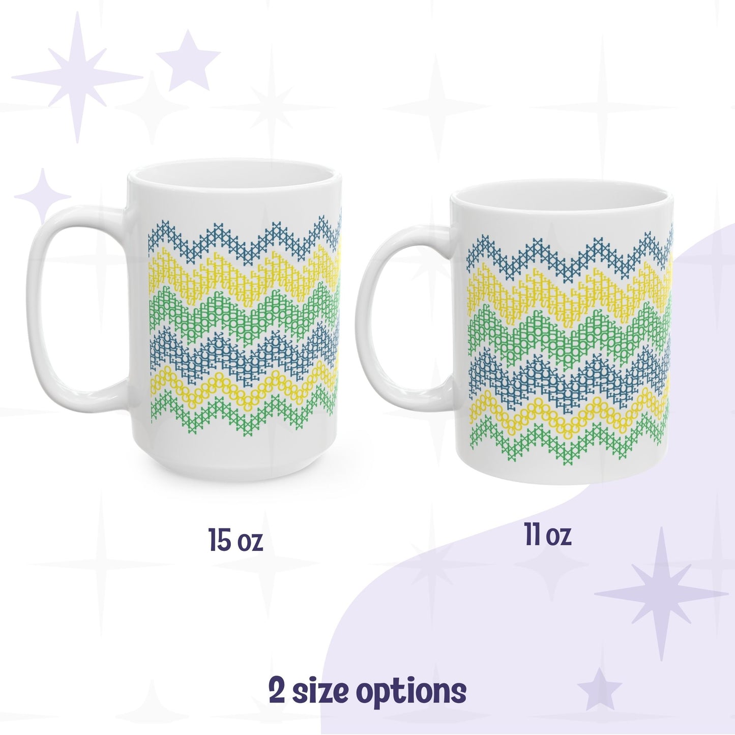 Side by side size comparison of bright stripe hidden message mug on all-white ceramic body in 15oz and 11oz