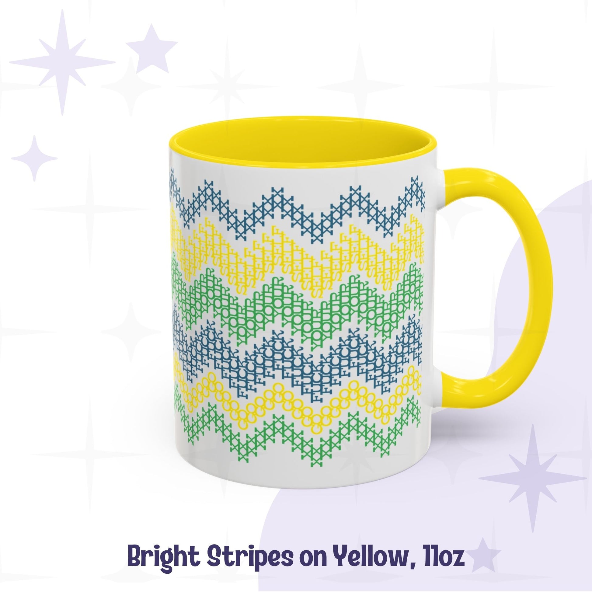 11oz hidden profanity mug bright stripe cross stitch pattern yellow accent handle ceramic