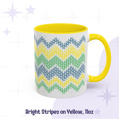 11oz hidden profanity mug bright stripe cross stitch pattern yellow accent handle ceramic