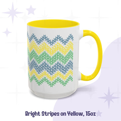 15oz hidden profanity mug bright stripe cross stitch pattern yellow accent handle ceramic