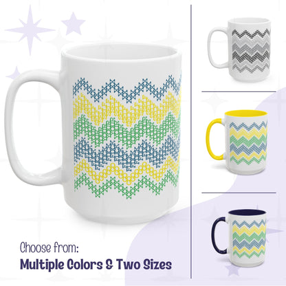 Hidden profanity coffee mug with cross stitch chevron pattern spelling Go Fuck Yourself, shown in bright stripe colorway with white, navy accent, and yellow accent variants in 11oz and 15oz sizes